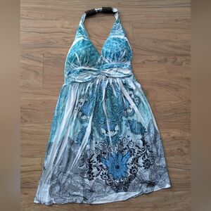 Ingear Y2K Blue White Halter Dress with Beaded Accents